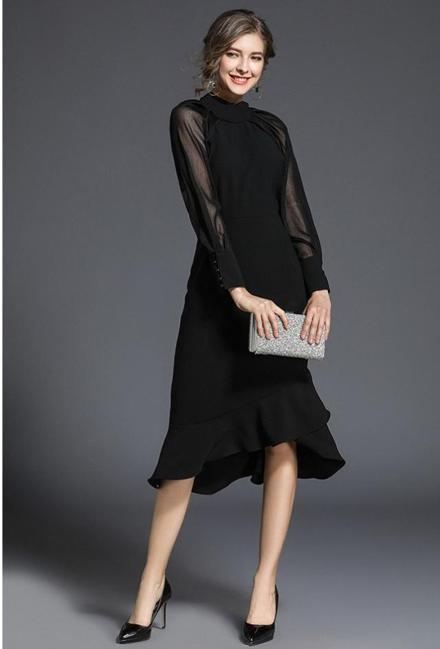 結婚式 パーティードレス 袖あり 大きいサイズ ロング お呼ばれドレス 韓国 ワンピース シースルー レディース 黒 の通販はau Pay マーケット Solare Shop