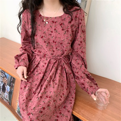 ワンピース ドレス 長袖 秋冬 秋 冬 スクエアカラー ピンク ハイウエスト レトロ フラワー 花柄 コーデュロイ リボン ウエストマークの通販はau Pay マーケット Solare Shop