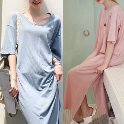 マキシ丈 Tシャツワンピース レディース 半袖 カジュアル 春 夏 秋 サイドスリット 水色 爽やか ゆったり ルームウェア シンプル ナチュの通販はau Pay マーケット Solare Shop