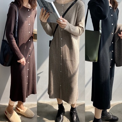 ワンピース ロングワンピース タイト リブ 縦ライン リブニット ストライプ ボタン 前開き カジュアル ナチュラル クルーネックの通販はau Pay マーケット Solare Shop