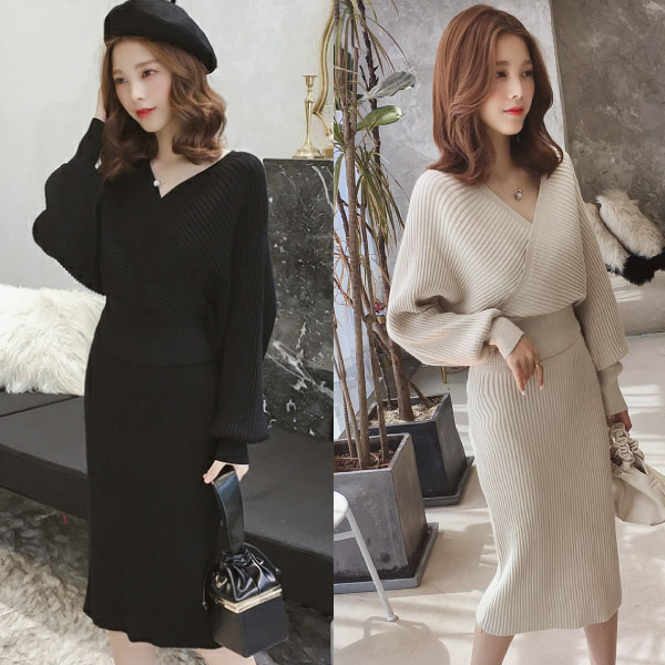 4色 セットアップ ボリューム袖 カシュクール リブニット ニットスカート ツーピース 秋 タイトスカート 秋冬 Vネック セクシー ラメ 黒 の通販はau Pay マーケット Solare Shop