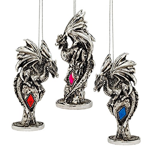 Design Toscano 3 Dragons of The Amesbury Holiday Gemstone Ornament Set Silver