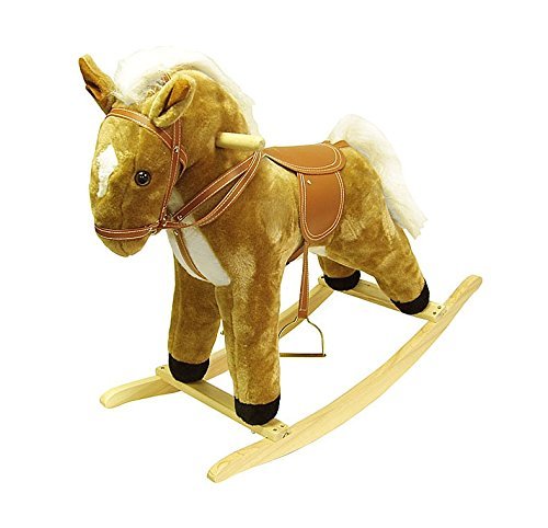 Tan Wood and Fabric Plush Rocking Horse Animal Toy with Sound