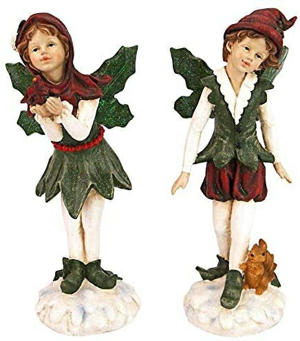Design Toscano サンタのビクトリア朝のヒイラギのクリスマスエルフ像 2個セット フルカラー