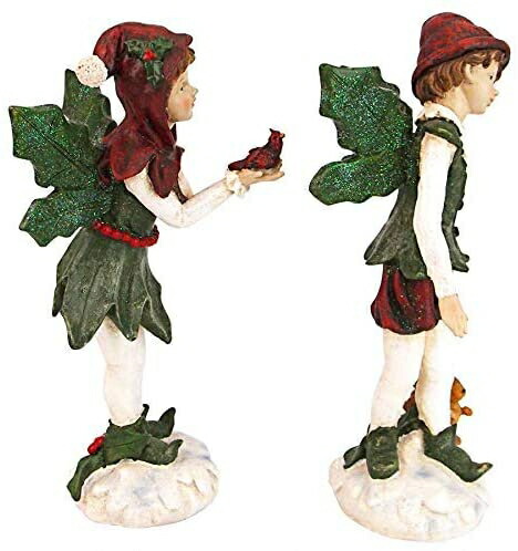 Design Toscano サンタのビクトリア朝のヒイラギのクリスマスエルフ像 2個セット フルカラー
