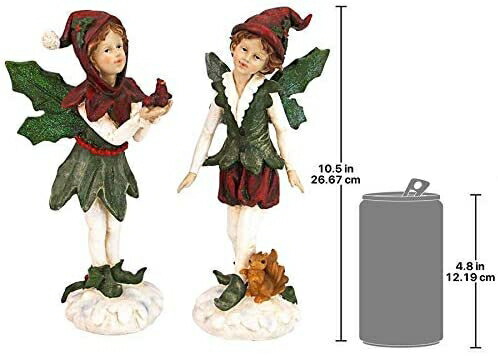 Design Toscano サンタのビクトリア朝のヒイラギのクリスマスエルフ像 2個セット フルカラー