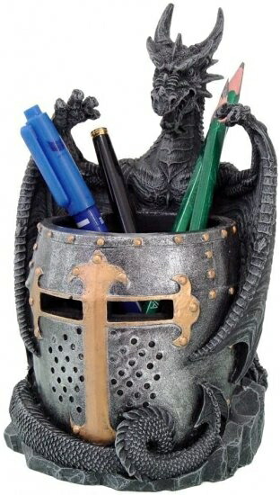 Pacific Giftware ドラゴン像 戦士ヘルメット付き デスクトップ ユーティリティ 文房具 鉛筆ホルダー オ