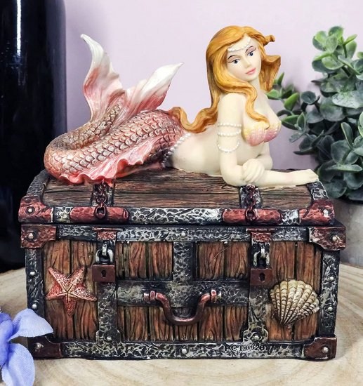 Ebros ブロンズ加工 マーメイド Nerida Resting On Sunken Treasure ジュエリーボックス置物 長さ5.25イ