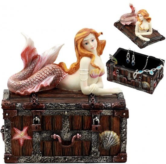 Ebros ブロンズ加工 マーメイド Nerida Resting On Sunken Treasure ジュエリーボックス置物 長さ5.25イ_1