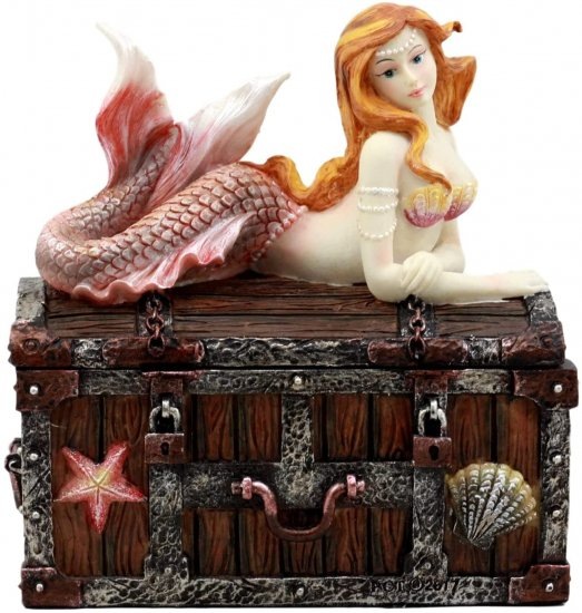 Ebros ブロンズ加工 マーメイド Nerida Resting On Sunken Treasure ジュエリーボックス置物 長さ5.25イ_2