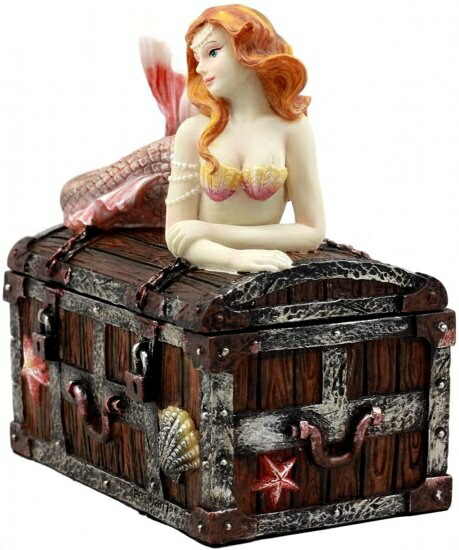 Ebros ブロンズ加工 マーメイド Nerida Resting On Sunken Treasure ジュエリーボックス置物 長さ5.25イ_5