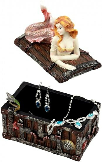 Ebros ブロンズ加工 マーメイド Nerida Resting On Sunken Treasure ジュエリーボックス置物 長さ5.25イ_6