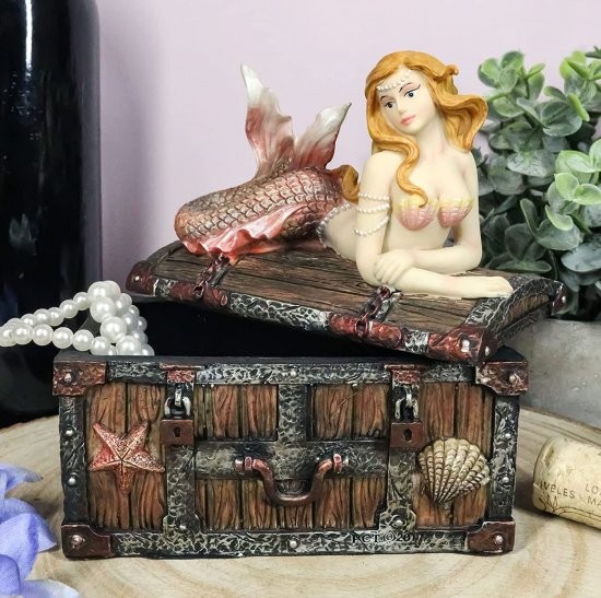 Ebros ブロンズ加工 マーメイド Nerida Resting On Sunken Treasure ジュエリーボックス置物 長さ5.25イ_7