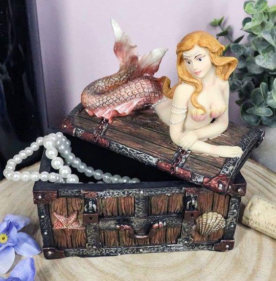 Ebros ブロンズ加工 マーメイド Nerida Resting On Sunken Treasure ジュエリーボックス置物 長さ5.25イ_8