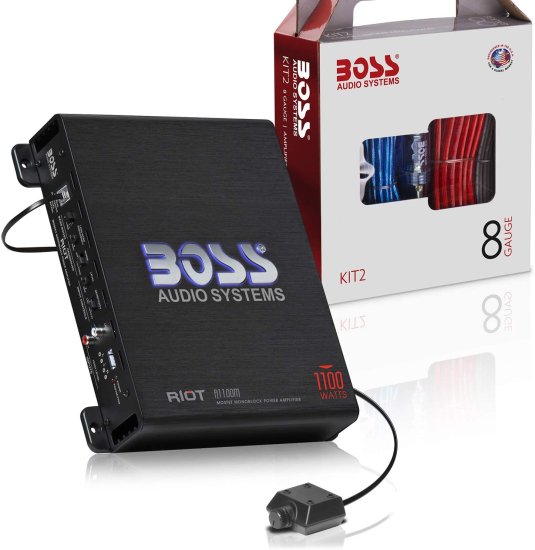 BOSS Audio システム R1100MK カーアンプ and 8 Gauge Wiring Kit - 1100W Max Power, 2-4 Ohm Stable, Class A/B, モノブロック, Mosfet Power Suppl