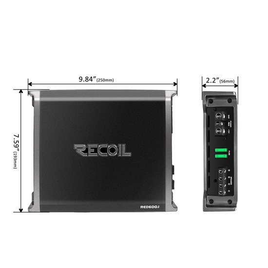 Recoil RED600-1 1320W Class-D カーオーディオ モノブロック サブウーファー アンプ, 1 Ohm Stable, Remote Bass Knob Included