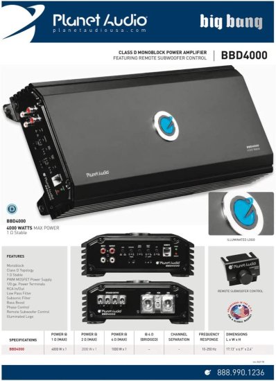 Planet Audio BBD4000 Class D カーアンプ ? 4000W, 1 Ohm Stable, デジタル, モノブロック, MOSFET Power Supply_6