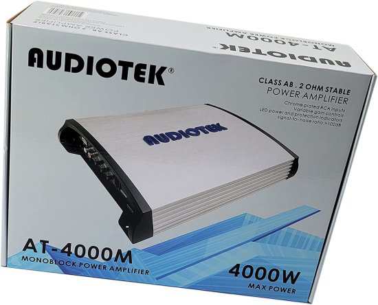 Audiotek AT4000M 1 チャンネル モノブロック カーアンプ - 4000W, 2 Ohm Stable, LED Indicator, Bass Knob Included, Mosfet Power Sup