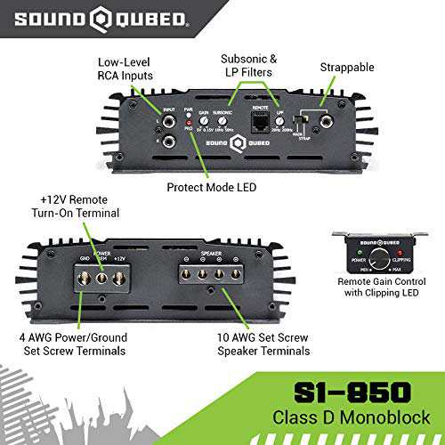 SoundQubed S1-850 900W RMS カーオーディオ アンプ, 1 Ohm Stable モノブロック Amp Class D w/Remote Gain Control Knob LED Clipping 