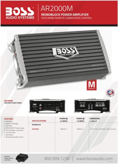 BOSS Audio システム AR2000M モノブロック カーアンプ - 2000W, 2-4