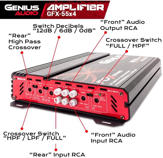 Genius Audio GFX-55X4 フルレンジ Powered カーアンプ Multiチャンネル 1200W Max Class AB 2-Ohm Stable with Power Protection システム to Boost_2