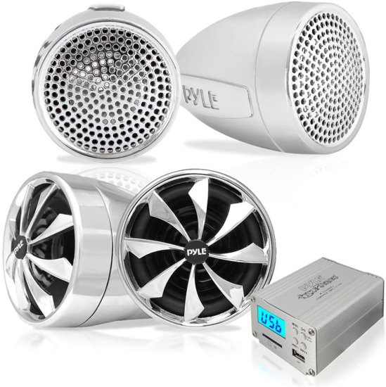 Pyle 600W 防水 Motorcycle スピーカー and アンプ システム w/ Four 3 Inch Waterproof スピーカー, AUX IN - Handlebar Mount ATV Mini ステレオ Au