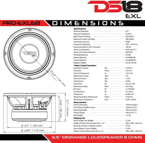 DS18 PRO-EXL68 Loudスピーカー - 6.5", ミッドレンジ, Red Aluminum Basket, 600W Max, 300W RMS, 8 Ohms, Ferrite Magnet - for The People Who Liv_5