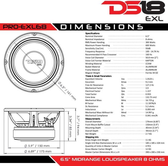 DS18 PRO-EXL68 Loudスピーカー - 6.5", ミッドレンジ, Red Aluminum Basket, 600W Max, 300W RMS, 8 Ohms, Ferrite Magnet - for The People Who Liv_6