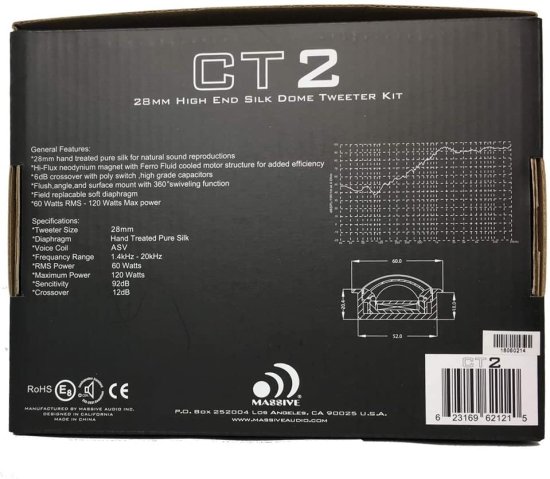 Massive Audio CT2 - Silk Dome 160W Max / 80w RMS, 28mm カーオーディオ ツイーター Set with クロスオーバーs, Surface, Angle or Flush Mount Opt_4
