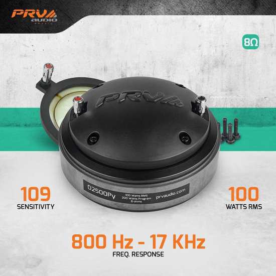 PRV AUDIO 2 Inch Exit Polymide Compression Driver D2500Py - 200W Program Power, 8 Ohm, 100W RMS Power, 109 dB, Compact Mid High 