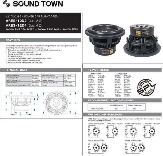 Sound Town 12 Dual Voice Coil 1000W カーオーディオ サブウーファー, Dual 4-Ohm, CEA Rated (ARES-12D4)