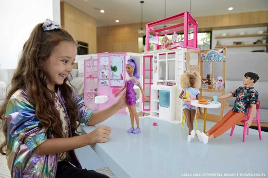 Barbie 2つのレベルと4つのプレイエリアを備えたバービードールハウス、ペットの子犬とアクセサリーを備えた完全な家具付きバービーハウス、3歳以上の子供向け_2