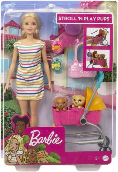 Barbie バービー散歩  'n遊びの子犬が金髪のバービー人形（11.5インチ）、2匹の子犬、ペットベビーカー、アクセサリー、3-7歳の贈り物でプ｜au PAY マーケット