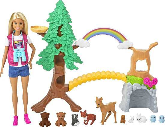 Barbie バービー Wilderness Guide Blonde Doll（12インチ）、屋外の木、橋、頭上の虹、10個の動物などのインタラクティブなプレイセット