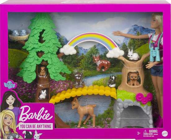 Barbie バービー Wilderness Guide Blonde Doll（12インチ）、屋外の木、橋、頭上の虹、10個の動物などのインタラクティブなプレイセット