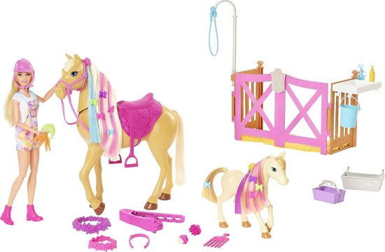 Barbie バービー Groom 'n Care Horses Playset Doll（Blonde 11.5-in）、2頭の馬と20+のグルーミングとヘアスタイリングアクセサリー、3-7歳の贈り物