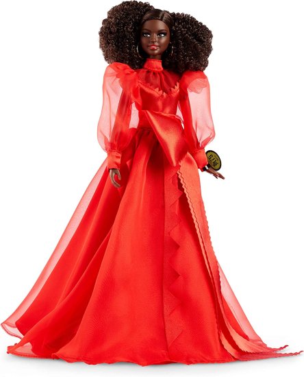 Barbie バービーコレクターのマテル75周年記念人形（12インチブルネットの巻き毛）の赤いシフォンガウン、人形スタンドと信頼性証明書付き