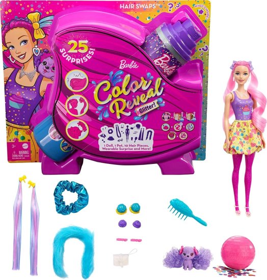 Barbie バービーの色がグリッターを明らかにします！ヘアスワップ人形、25のヘアスタイリング、パーティーをテーマにした驚きを備えたキラキラピンク、10のプ