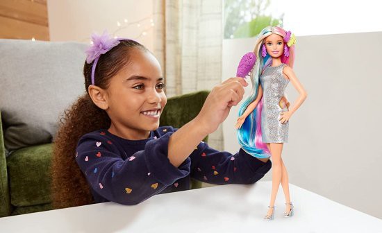 Barbie バービーファンタジーヘアドール、ブロンド、2つの装飾された王冠、人魚とユニコーンのルックス用の2つのトップスとアクセサリー