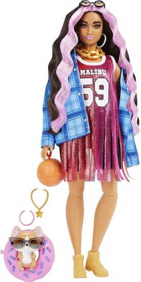 Barbie バスケットボールのジャージードレスとアクセサリーのバービーエクストラドール＃13ペットコーギー、ピンクのストリークと柔軟なジョイントを備えた非