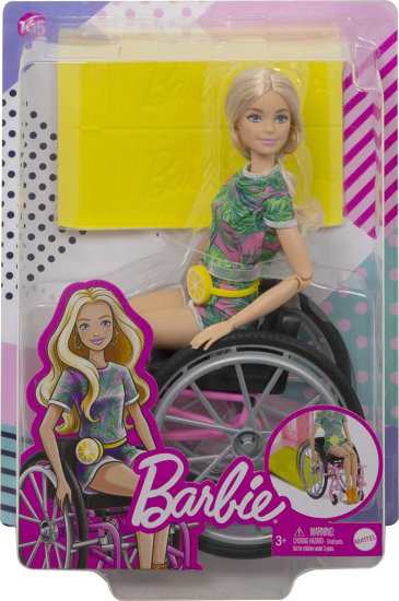 Barbie バービーファッショニスタドール＃165、車椅子とロングブロンドの髪が熱帯のロンパー、オレンジシューズ、レモンファニーパック、