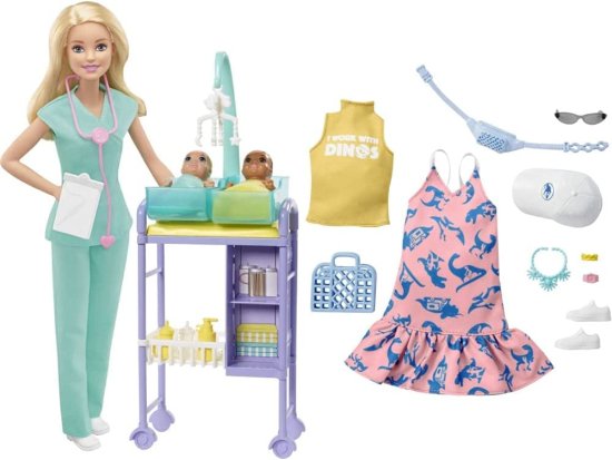 Barbie バービーベビードクタードールとライセンスされたストーリーテリングパックw/ cdu-ジュラシック（ディノドレス +イエロートップ）の通販は人形（着せ替え）