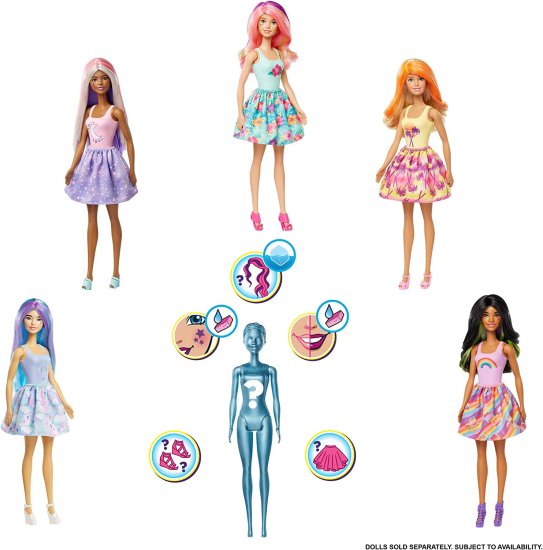 Barbie バービーの色は、7つの驚きの4つのミステリーバッグ、サプライズウィッグ、スカート、シューズ、スポンジを持つ人形を明らかにします。サニー 'nクールの通販は