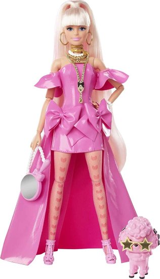 Barbie ピンクの光沢のあるハイローガウンのバービーエクストラファンシードール、ペットの子犬、非常に長い髪とアクセサリー、柔軟なジョイント、3歳のおもち
