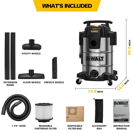 Dewalt デウォルト DXV08S 8Gallon Wet/Dry Vacuum,120V/60Hz,4 Peak HP Shop Vac,Stainless Steel Tank,Silver, 8 Gallon