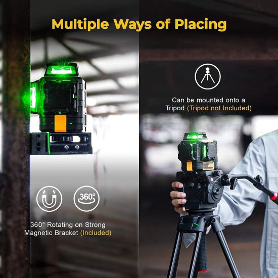 [Up to 40Hrs] KAIWEETS Self Leveling Laser Level 3 X 360, Construction 3D laser level for Picture Hanging, Horizontal/Vertical Line Laser, Magne_2