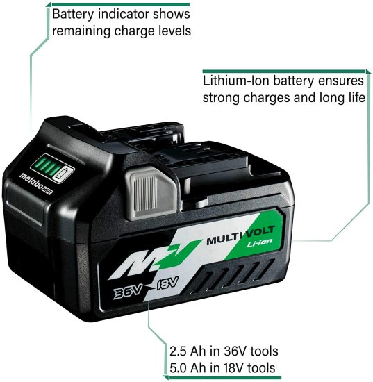 Metabo HPT MultiVolt Battery | 36V/18V, 2.5Ah/5.0Ah, Lithium Ion, Slide Style | 371751M_1