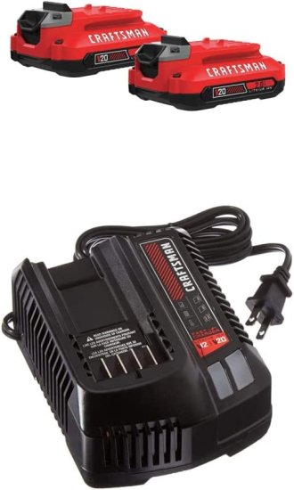 CRAFTSMAN V20 Lithium Ion Battery, 2.0-Amp Hour, 2 Pack with Fast Charger (CMCB202-2 & CMCB104)