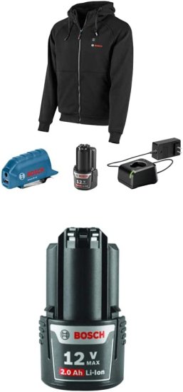 BOSCH ボッシュ GHH12V-203XLN12 12V Max Heated Hoodie Kit with Portable Power Adapter - Size 3X Large & BOSCH ボッシュ 12 Volt High Capacity Batt