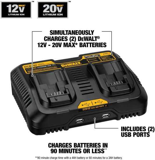 Dewalt 20V MAX Battery, Lithium Ion, 4-Ah & 2-Ah, 4-Pack with 12/20V MAX Charging Station/Dual Charger for Jobsite DCB3244 & DCB